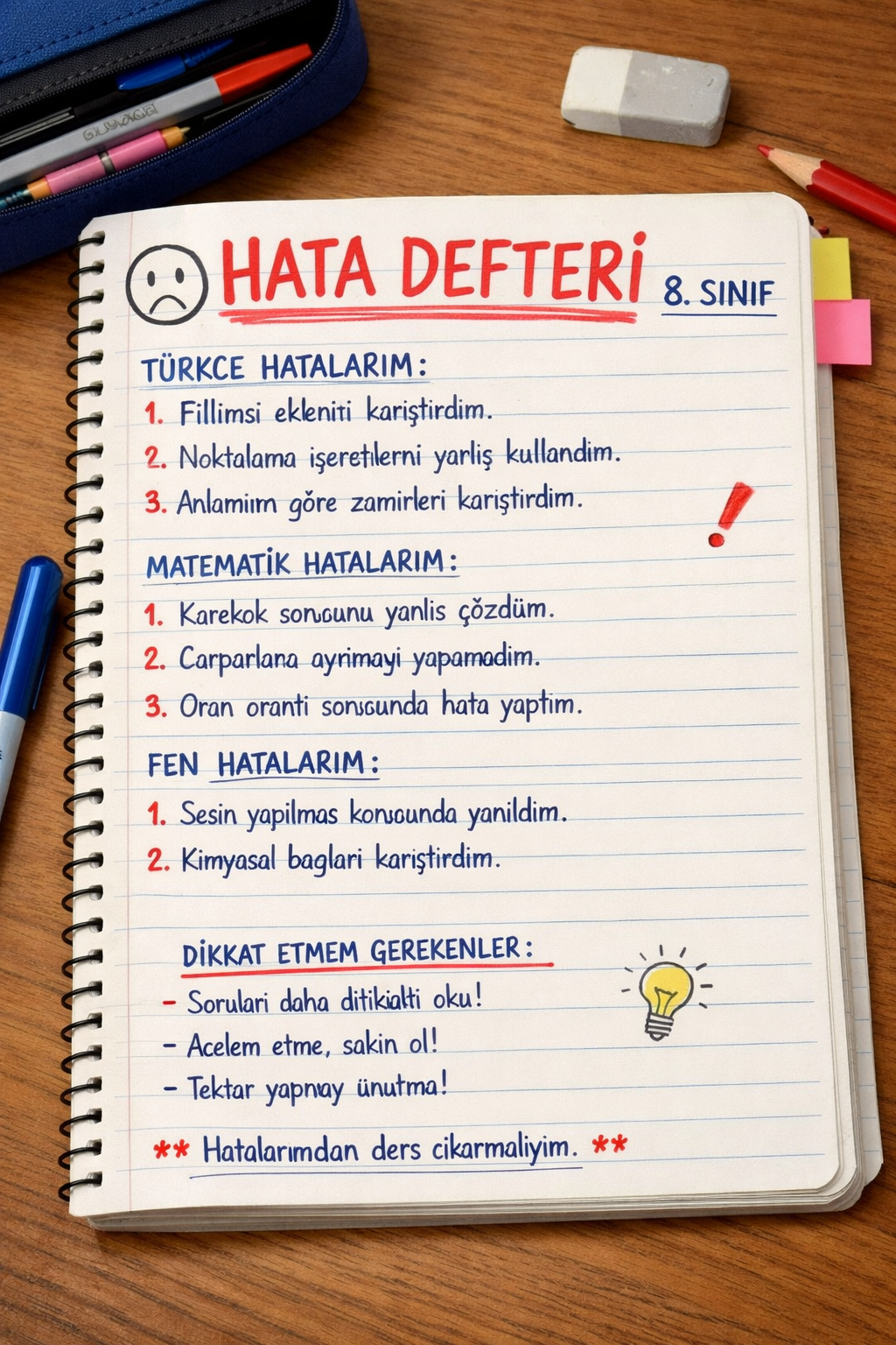Büyülü hata defteri ve kalem